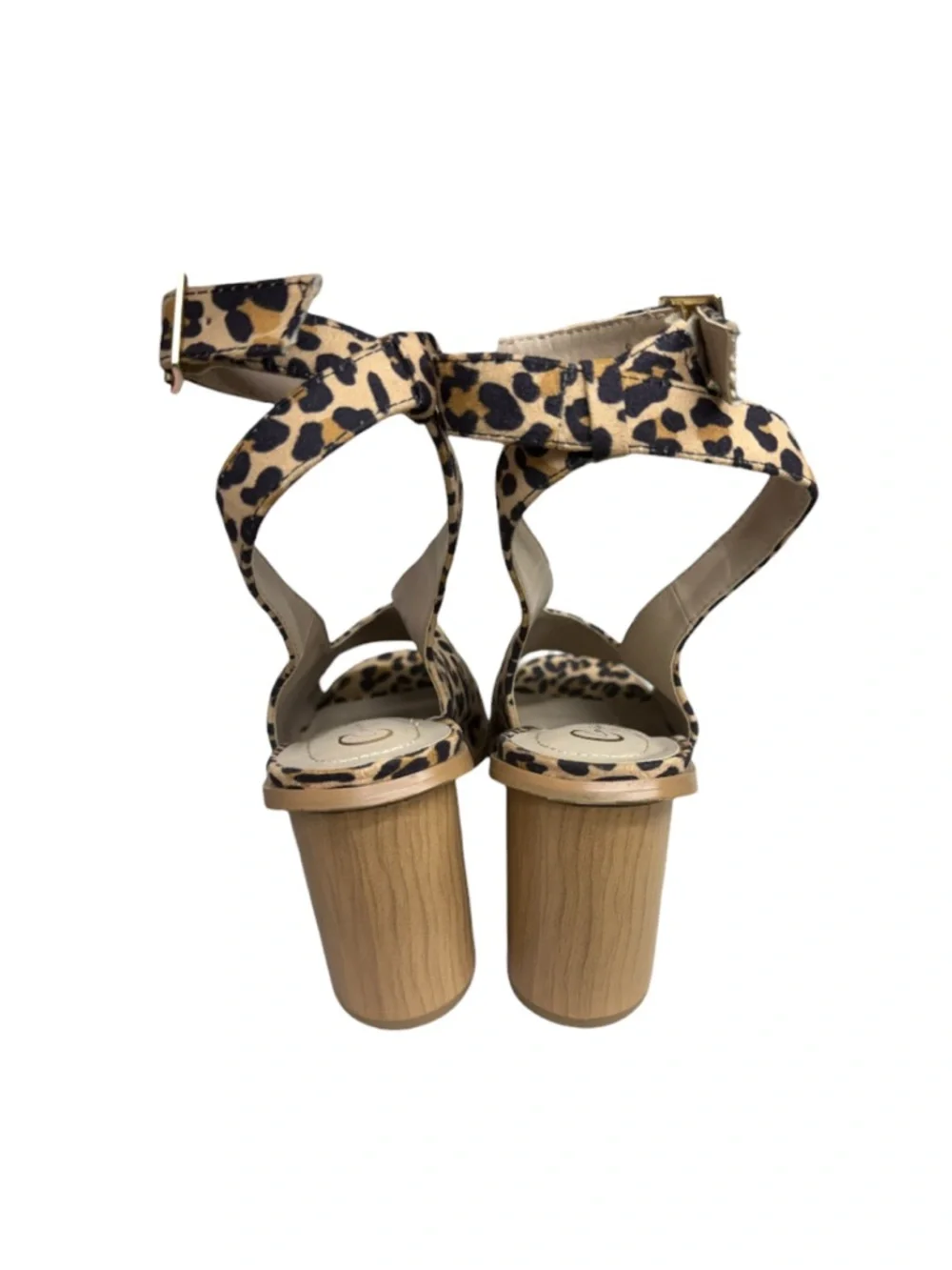 Leopard Peep Toe Block Heel Sandals Ankle Strap Size 9